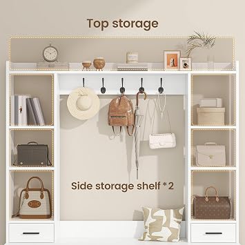 Nosepen 61.6 H White Hall Tree with Bench and Shoe Storage, 6-in-1 Multi-Functional Entryway Bench with 2 Drawers, 5 Coat Racks, Shoe Rack with 13 Shoe Cubbies, Entryway Storage Organizer, White