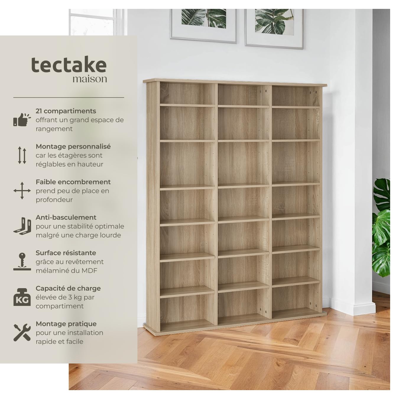tectake® Étagère Bibliothèque Étagère Rangement CD/DVD pour 840 CDs - 105,5x19x136,5 cm Meuble de Rangement Moderne pour Rangement Bureau, Salon, Chambre, Etagere Rangement Meubles de Salon