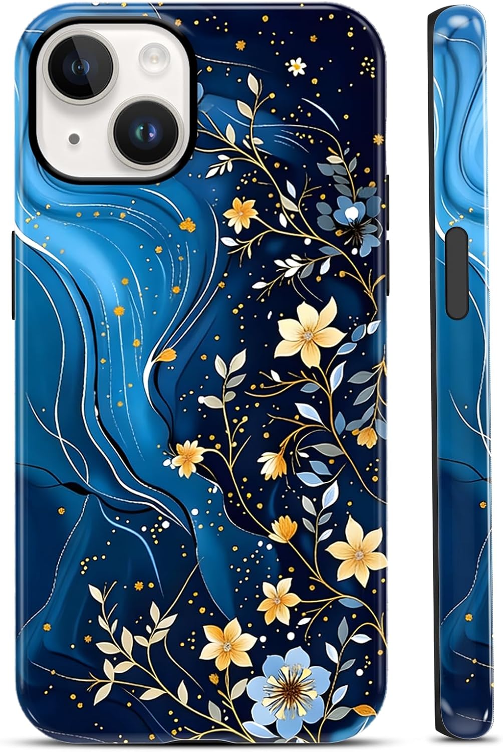 Aesthetic Marble Navy Blue Gold Flowers Pattern Phone Case for iPhone 14 iPhone 13 6,1", Trendy Design Glossy 2 in 1 Hybrid TPU PC Shockproof Protective Cover for Women Girls