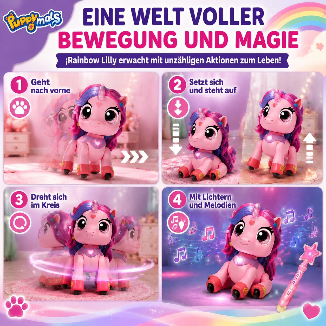Regenbogen Einhorn Rainbow Lilly | Ferngesteuertes Einhorn mit Zauberstab | Interaktives Einhorns mit Licht, Sound und Bewegung