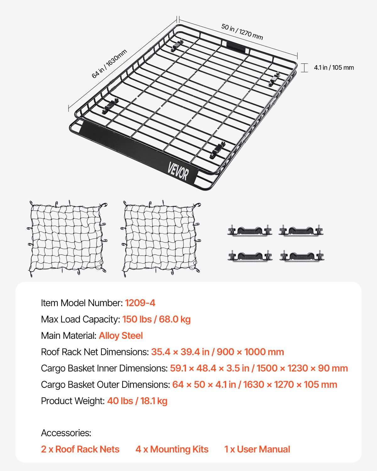 VEVOR Porte-Bagage pour Voiture, 1630 x 1270 x 105 mm, Panier de Toit Universel en Acier allié antirouille, avec Deux Filets de 900 x 1000 mm, clôture de 10,4 cm, Charge de 68 kg, pour SUV, Camion
