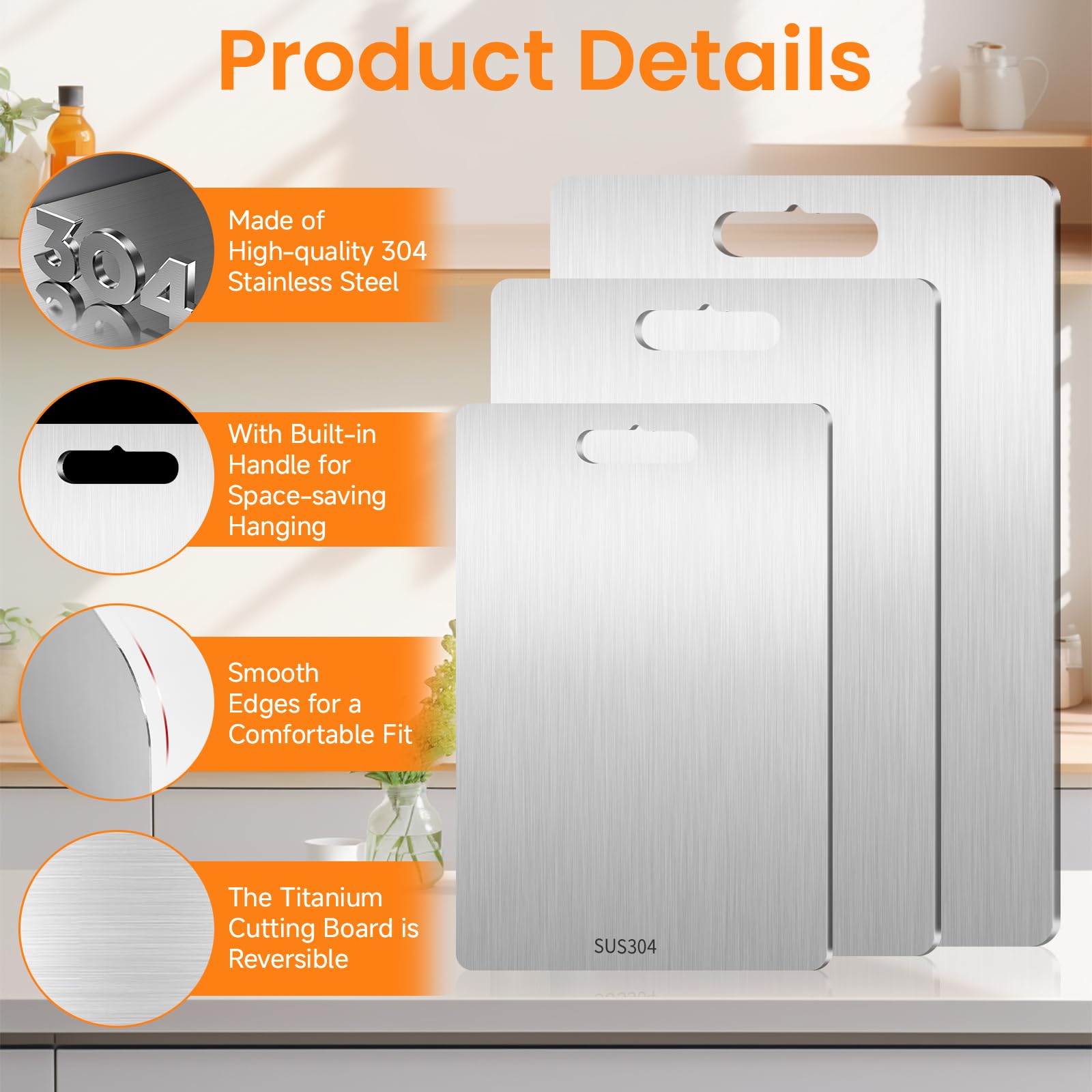 3Stück Titan Schneidebrett, Edelstahl Schneidbretter BPA-frei Rostferi Lebensmittel, Doppelseitig Titanium Cutting Board für Fleisch Brot Gemüse Obst, Spülmaschinenfest (29x20cm, 34x23cm, 39x28cm)
