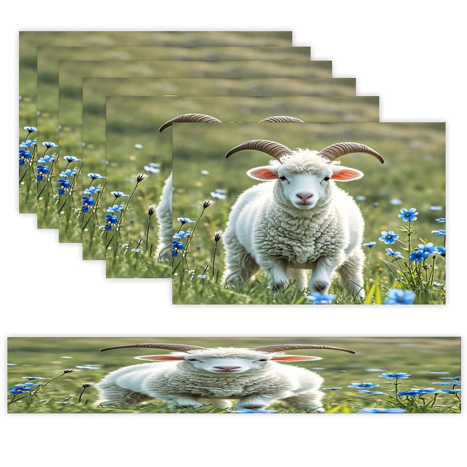 Sheep Table Runner and Placemats Set of 6 Stain Resistant Heat Resistant Place Mats for Kitchen Dining Table Mats Long Table Runner Modern Art Dining Decor for Daily Use