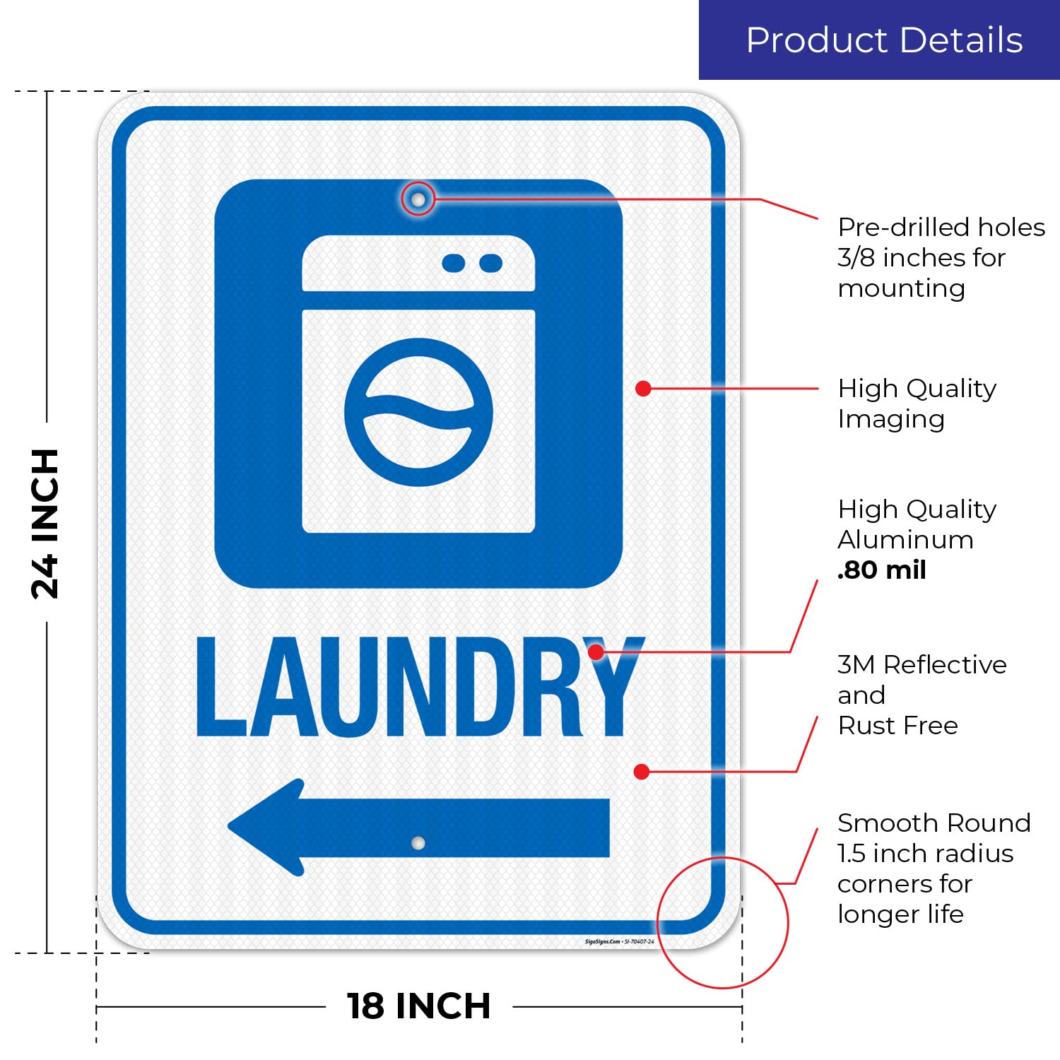 Laundry with Left Arrow Sign, 18x24 Inches, 3M EGP Reflective .080 Aluminum, Fade Resistant, Made in USA
