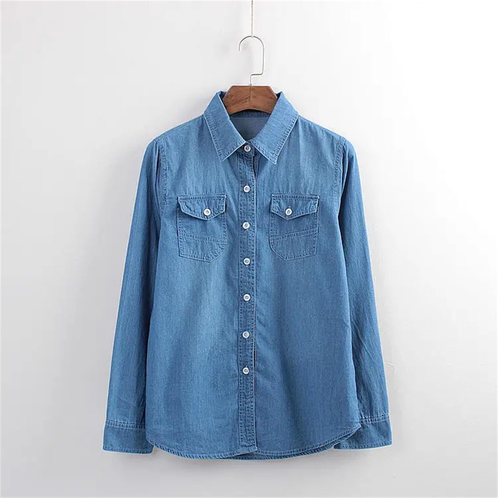Yeuyyben Camicetta da donna a maniche lunghe, in denim, primaverile, con bottoni