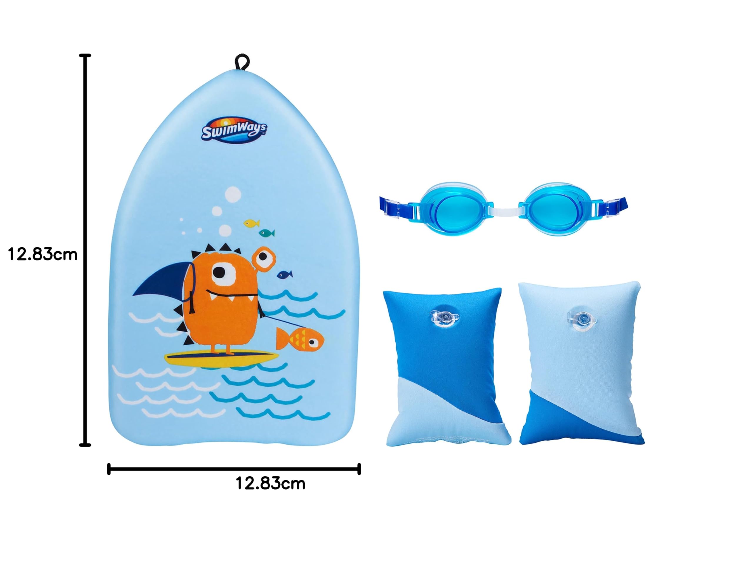 SwimWays Value Pack, occhialini da nuoto con viso di pesce, morbidi costumi da bagno e kick trainer con mostro marino, imparare a nuotare Kickboard