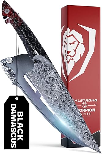 Dalstrong Cuchillo de chef  9.5 pulgadas  Serie Scorpion  Exclusivo acero japonés V12 Ultra  Damasco negro  Mango de resina de panal negro y rojo