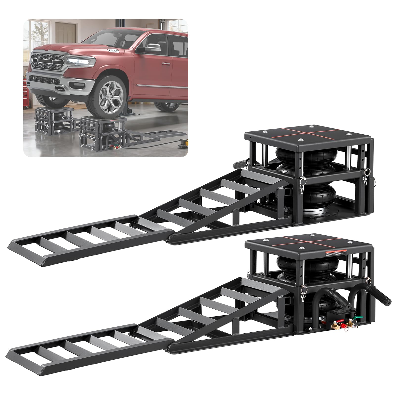 VEVOR Pont Élévateur Pneumatique 5 T jusqu'à 320 mm, Cric Pneumatique pour Voiture avec Rampe d'Extension 2 Kits, Cales de Roue et Rehausseurs, Plate-Forme de Levage pour Réparation SUV Garage