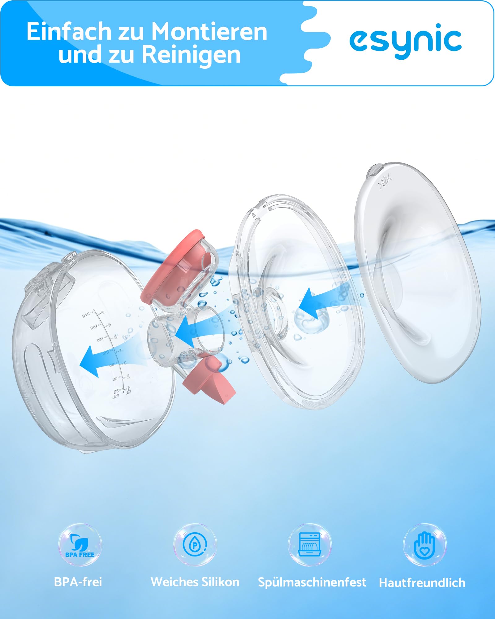 eSynic Tragbare Milchpumpe Elektrische Handsfree Brustpumpe mit Akku und leiser Funktion Doppelseitige Breast Pump mit 4 Modi und 15 Stufen Einfach zu Reinigen 210ml Kapazität Abpumpen für Mütter Rosa