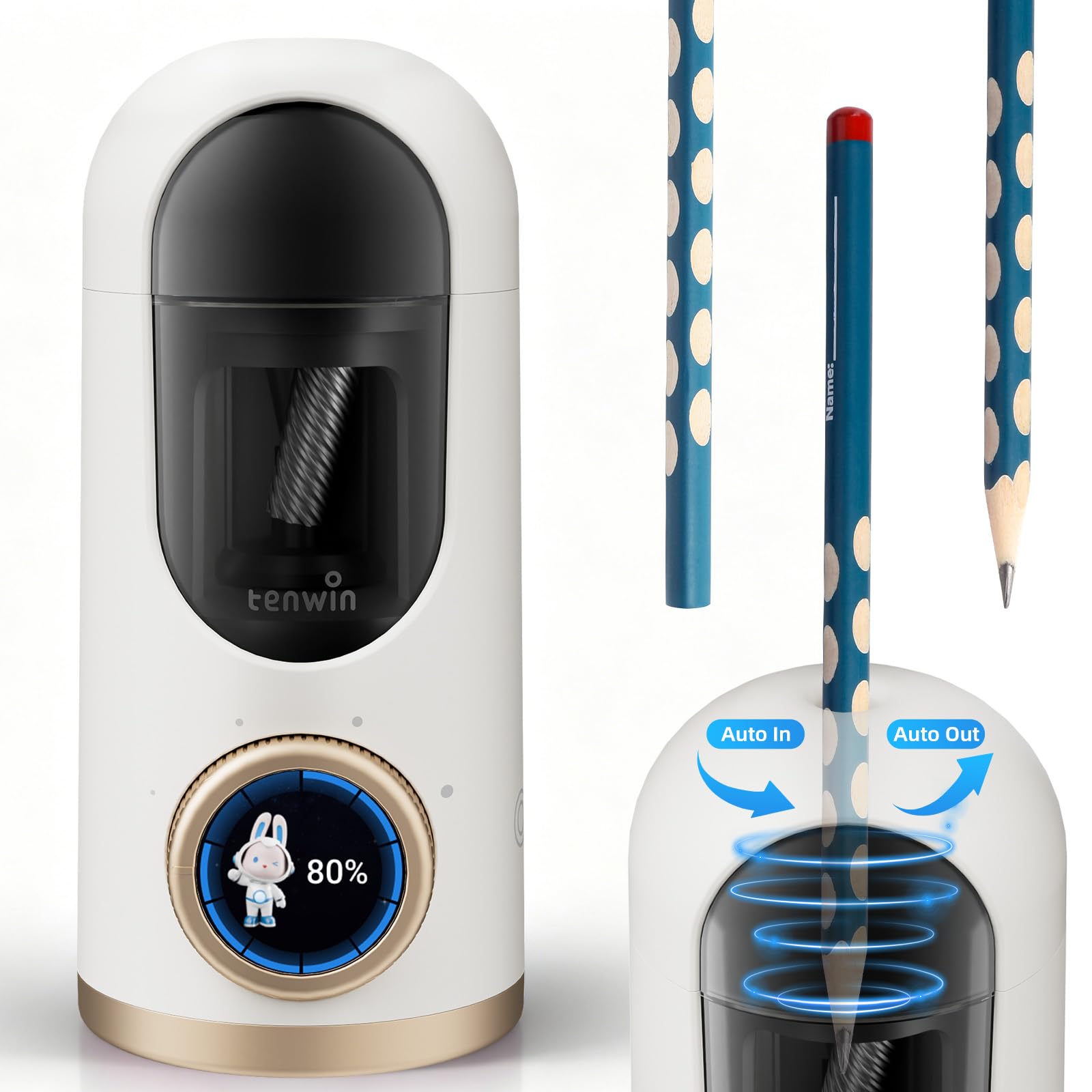 tenwin Afilador eléctrico totalmente automático para lápices y lápices de colores de 7-12 mm, recargable y portátil con pantalla LCD, ideal para uso en casa, la oficina y el colegio (blanco)