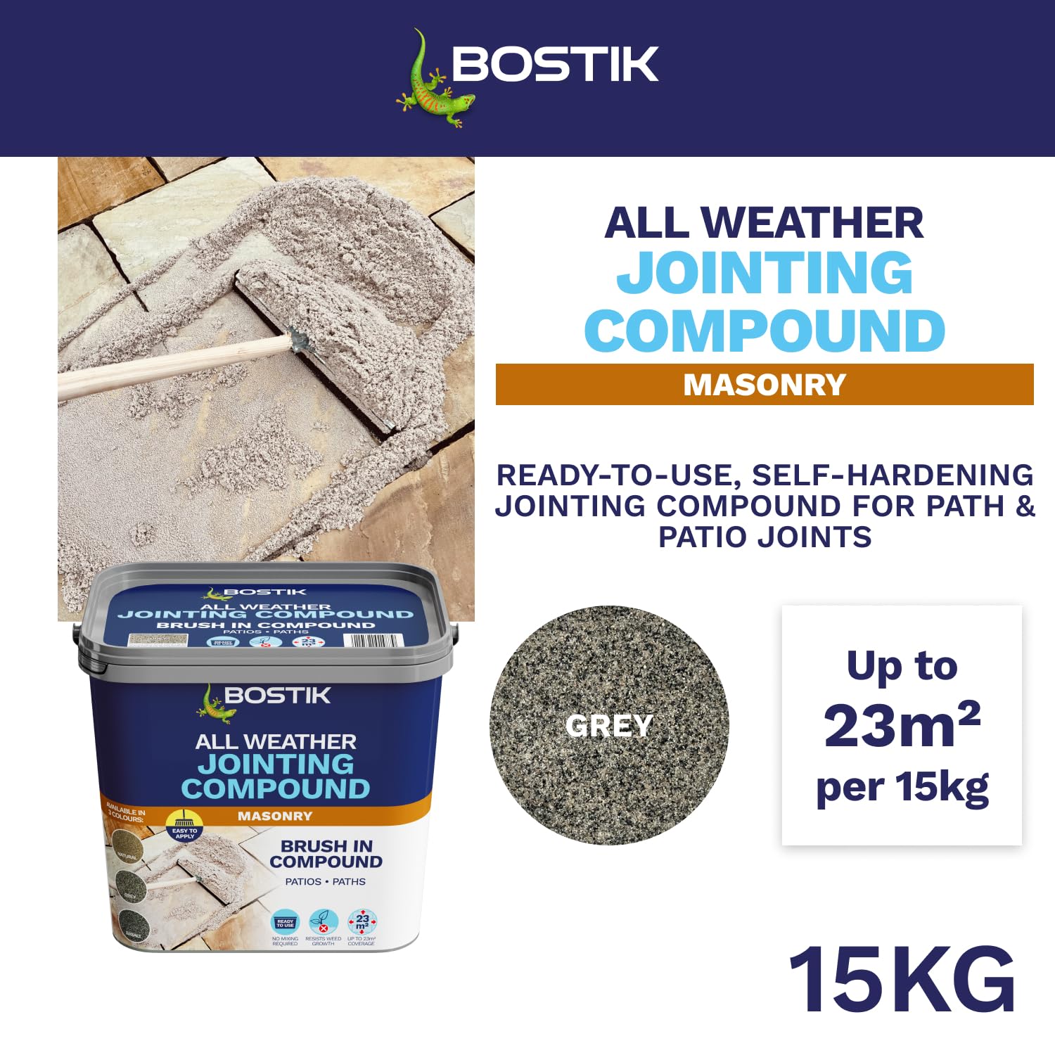 Bostik Compuesto para juntas para todo tipo de clima, gris, 15 kg, para juntas de caminos y patios, listo para usar, proyecto de paisajismo, resistente a malas hierbas y erosión