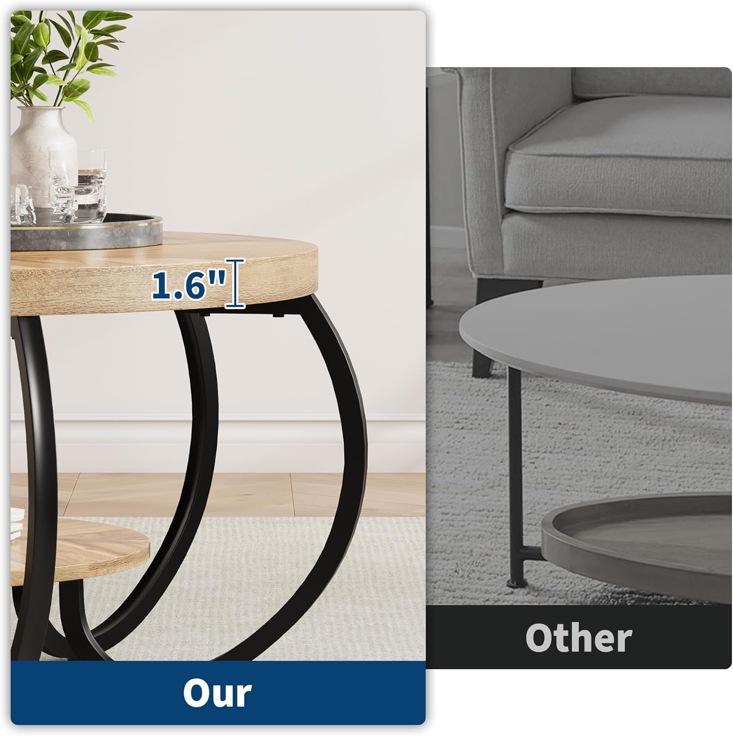GarveeHome Round Coffee Table 30 in Center Table, 2-Tier Coffee Table Industrial Accent Tables with Adjustable Feet, Living Room Tables with Storage Shelf and Designed Wood Grain, Easy Assemble