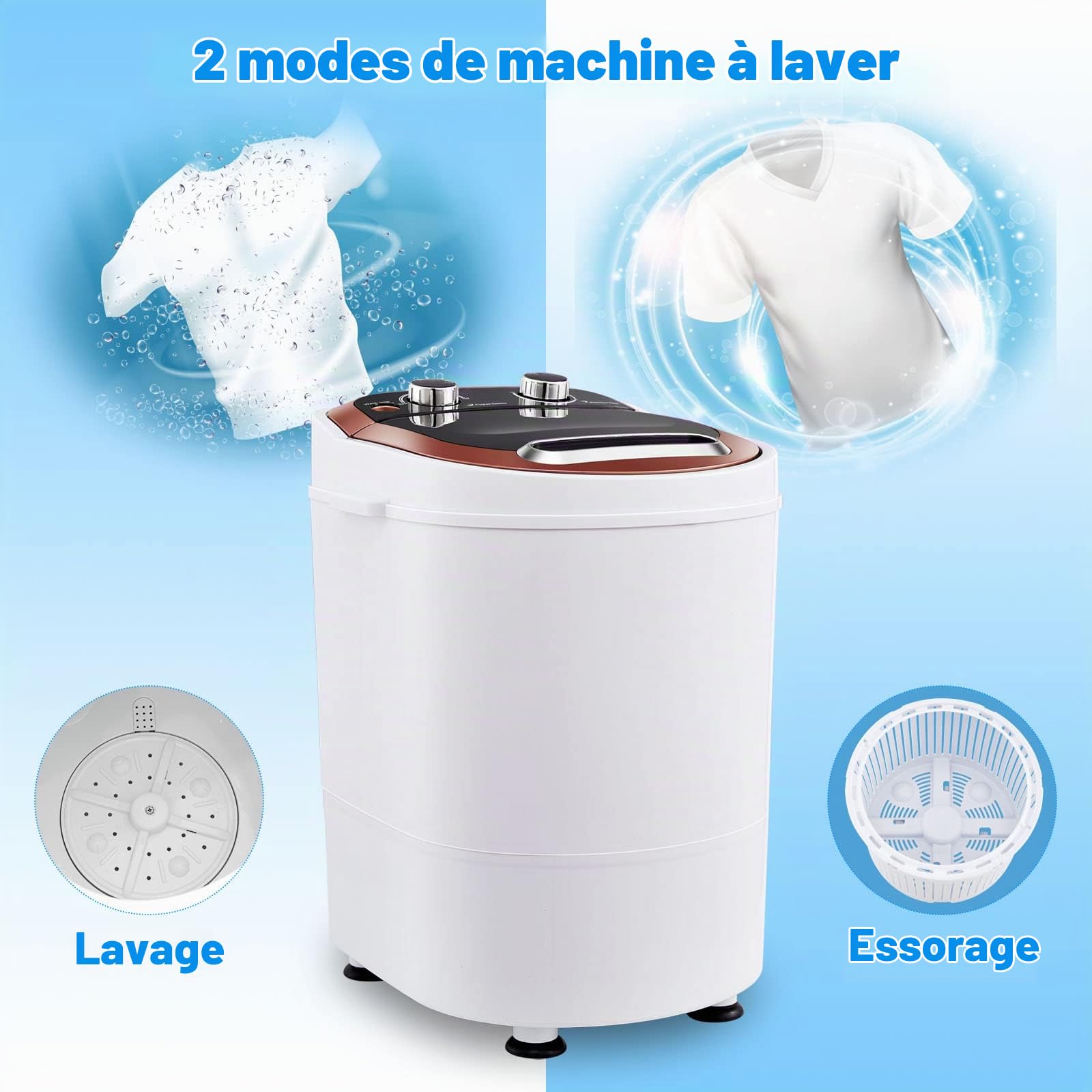 TUKAILAI Mini Machine à Laver Portable avec Essorage, Puissance de 240W 220V, Capacité 3KG de Linge et Essorage 1,5 KG, Petite Laveuse Idéal pour Voyages Caravanes et Camping-cars Appartement