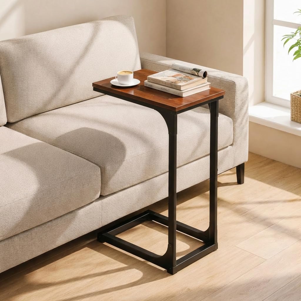 TEMI C Shaped End Table for Couch - Small Side Table and TV Tray for Eating or Laptop, Accent Desk for Chair or Sofa, Easy Assembly, Space-Saving Design for Living Room or Bedroom,Rustic Walnut