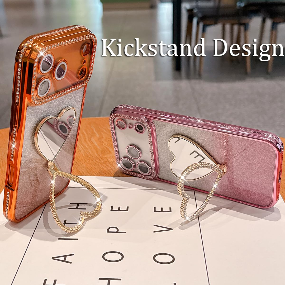 Funda con soporte de espejo brillante para iPhone 17 Pro Max, bonito diamante de imitación con corazón de amor, soporte de espejo de maquillaje y protector de cámara, funda femenina para