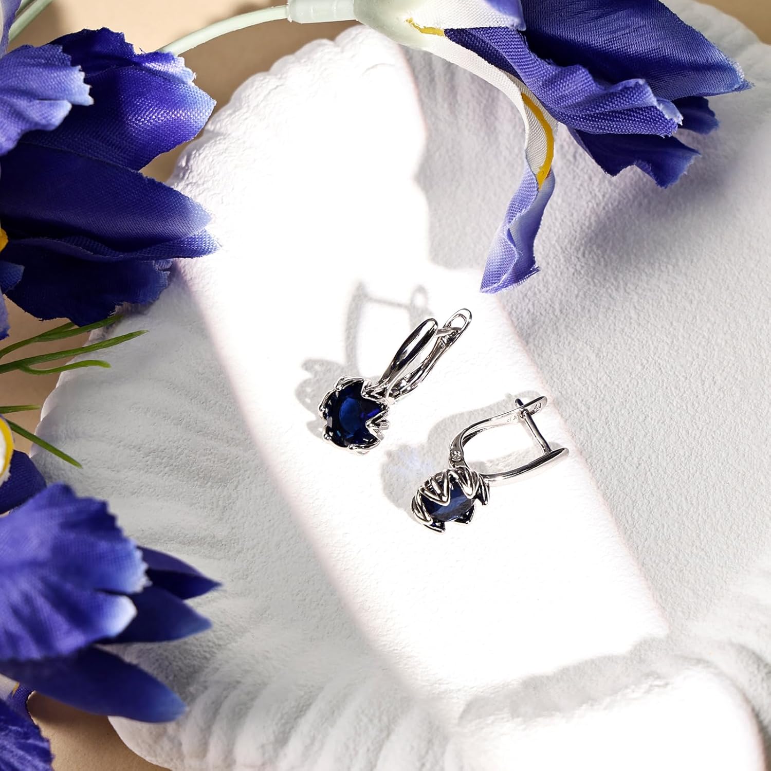 Flower Bud Earrings for Women Round Birthstone Sterling Silver Huggie Hoop Earrings Handmade Hypoallergenic Unique Jewelry - Sapphire & Emerald - Image 6