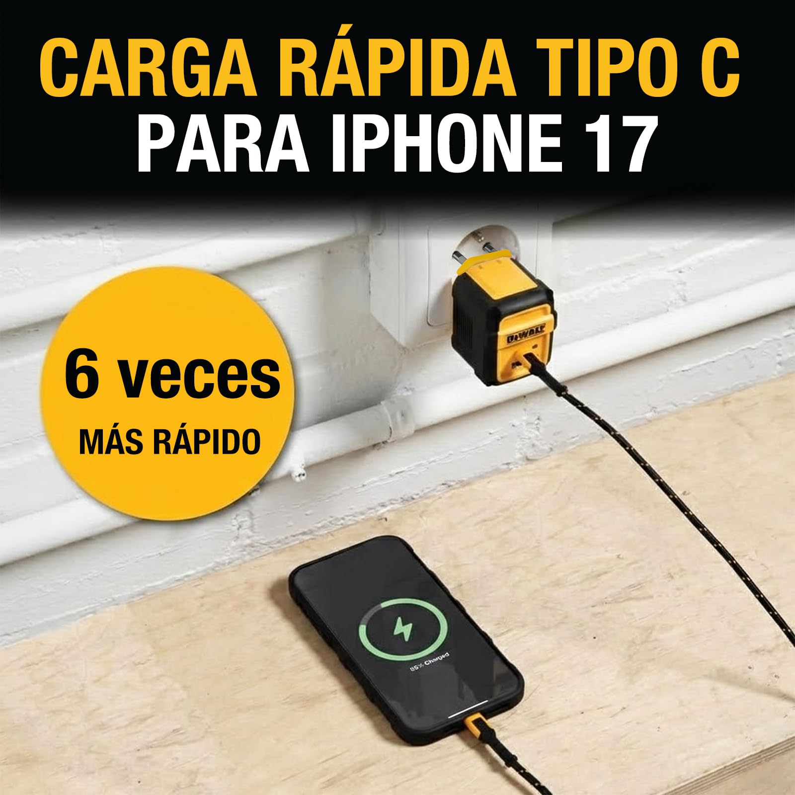 DEWALT Cargador Rápido 49,5W USB-C y USB-A, Adaptador de Pared EU 2 Puertos PD 30W Fast Charger para iPhone 16/15/14, Samsung Galaxy, Google Pixel, iPad, Cargador Compacto (Negro/Amarillo)