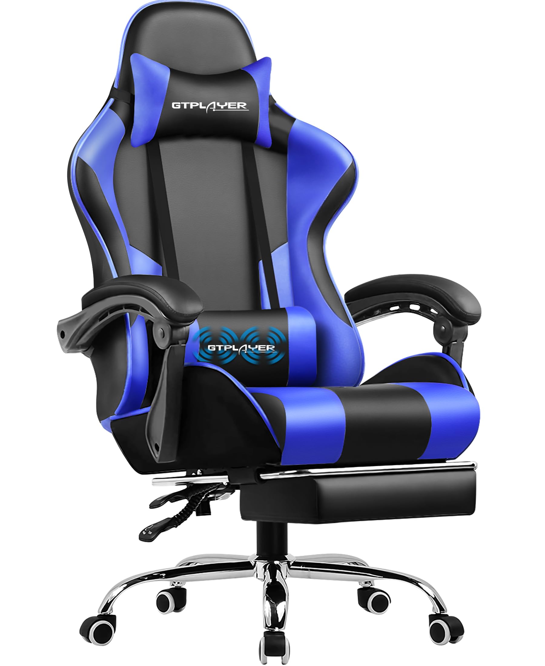 GTPLAYER Gaming Stuhl Bürostuhl Massage Gaming Sessel Ergonomischer Gamer Stuhl mit Fußstütze, Kopfstütze Massage-Lendenkissen, Gepolstert Gaming Chair, Drehsessel, Blau