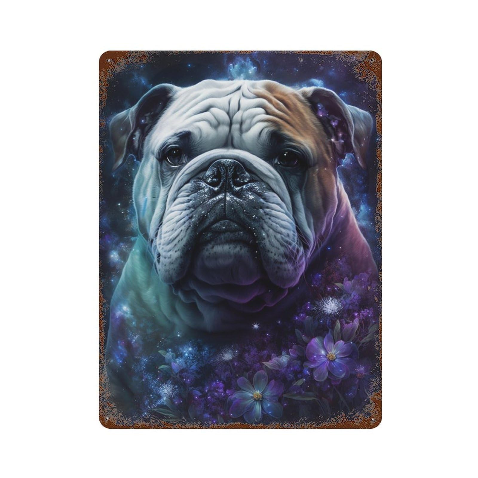 Rust Effect Galactic Bulldog with Flowers -2 Retro Metal Sign 15.7"x11.8", Farmhouse Wall Decor for Living Room, Hallway And Home Decor