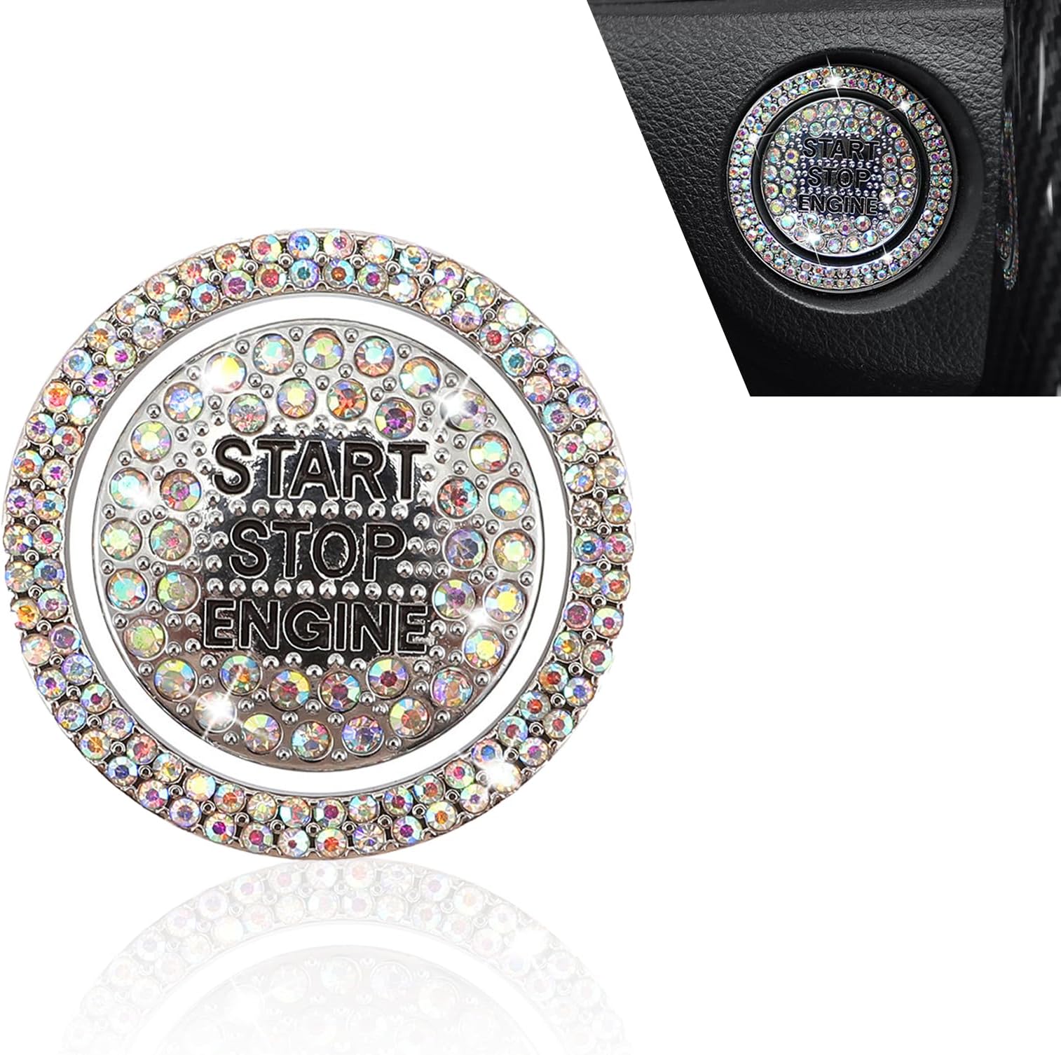 2 PCS Car Push Start Button Covers, Sparkling Rhinestone Decorative Ring, Anti-scratch Ignition Knob Protective Sticker, Universal Self-adhesive Decor Ornament for Most Cars (Multicolored)