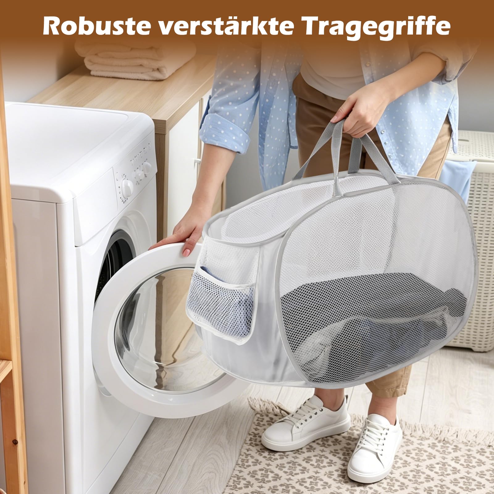 3er-Set faltbare Wäschekörbe mit Tragegriffen & Pop-up-Funktion, luftdurchlässiges Netzgewebe, Mehrzweckaufbewahrung, Wäschekorb faltbar für Badezimmer, Schlafzimmer, Waschraum & Reisen