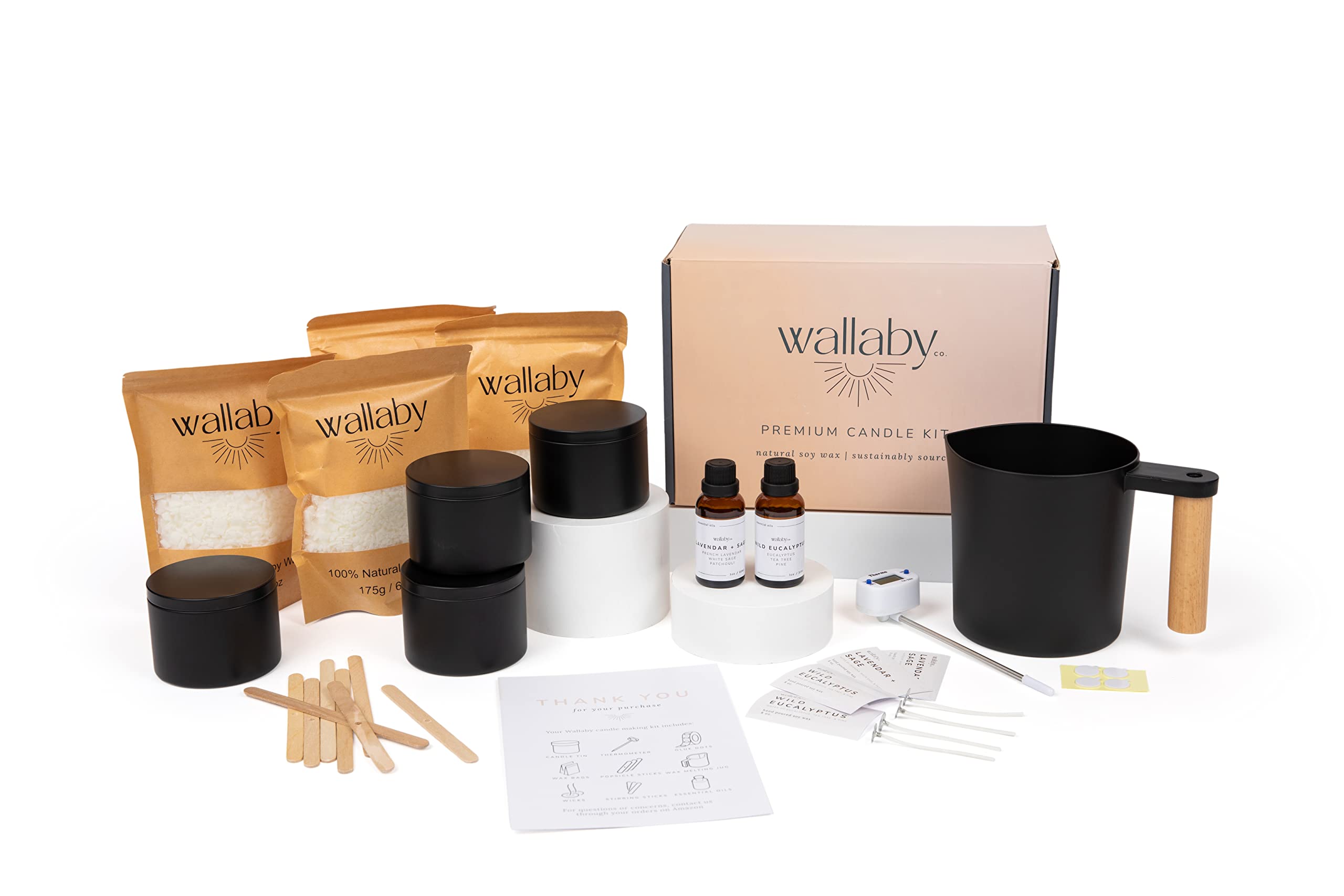 Wallaby Co.Luxury Modern Candle Making Kit with Premium 100% Natural Soy Wax and 4 Large 8oz Minimalist Black Tins, DIY Candle Making Kit and Gift for Adults and Beginners