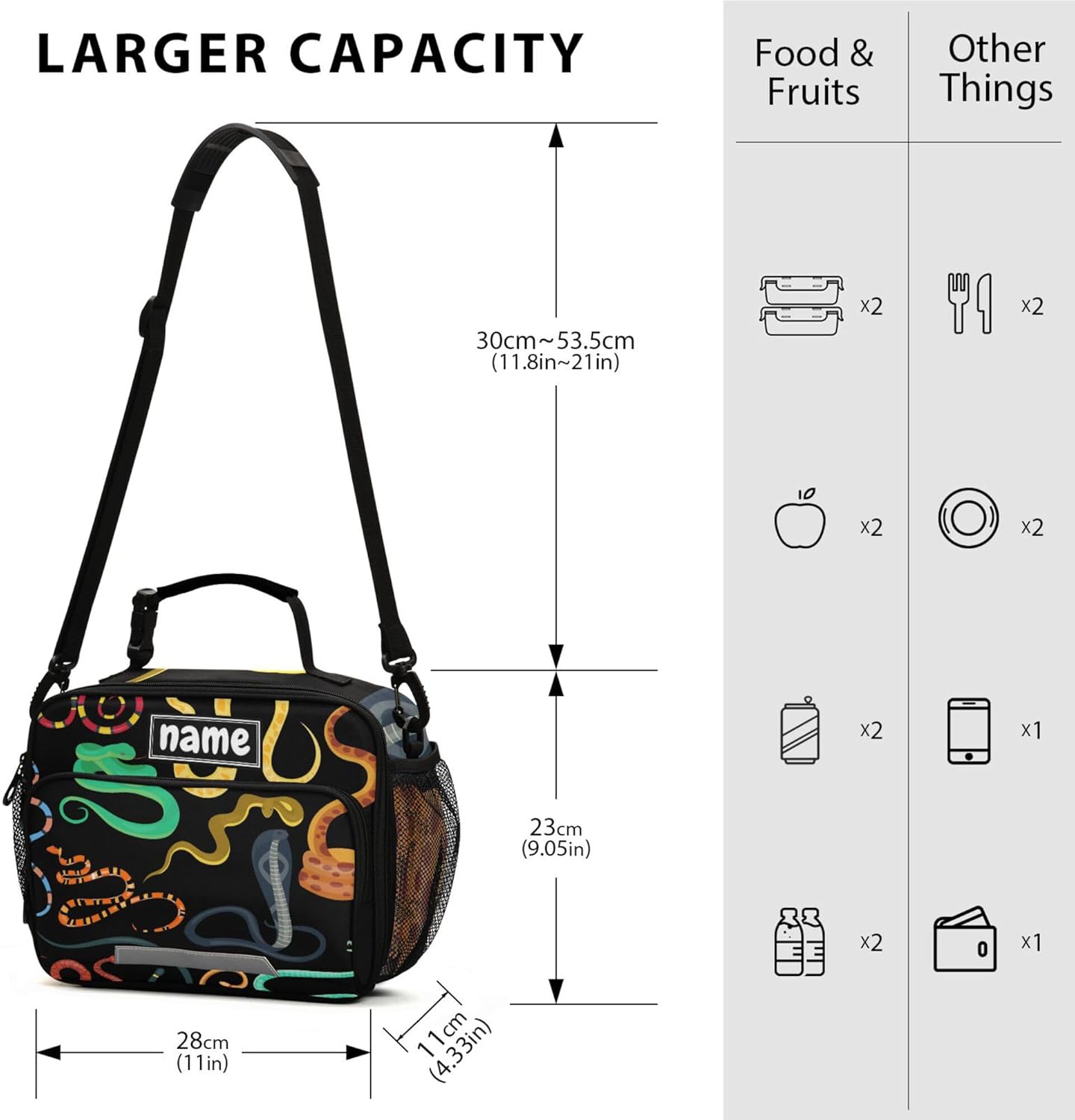 Custom Snake Animals Black Lunch Bag Personalized Name Lunch Tote Bag Insulated Lunch Box for Kids Boys Girls
