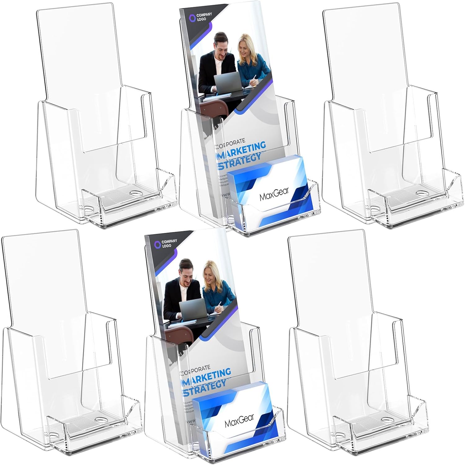 MaxGear Brochure Holder 4x9 inch with Business Card Organizer, Acrylic Literature Display Stand Clear Plastic Flyer Holder Wall Mount or Countertop Use for Pamphlets, Booklets, 6 Pack