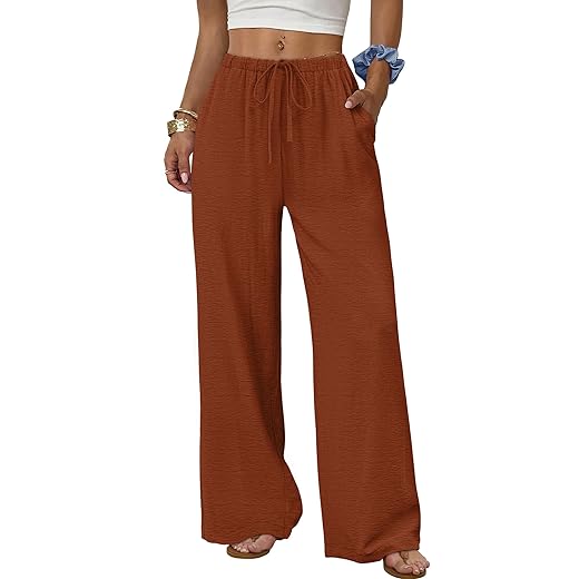 Sampeel Wide Leg Pants for Women Flowy Palazzo Drawstring Elastic Waist Trousers with Pockets Summer Beach Vacation Clothes