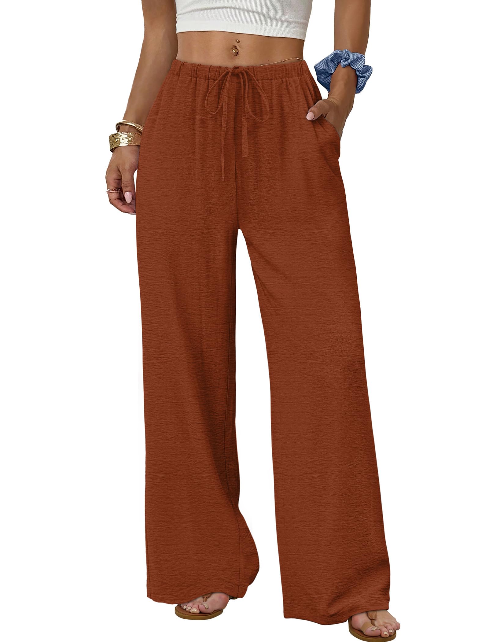 Sampeel Wide Leg Pants for Women Flowy Palazzo Drawstring Elastic Waist Trousers with Pockets Summer Beach Vacation Clothes — view 24