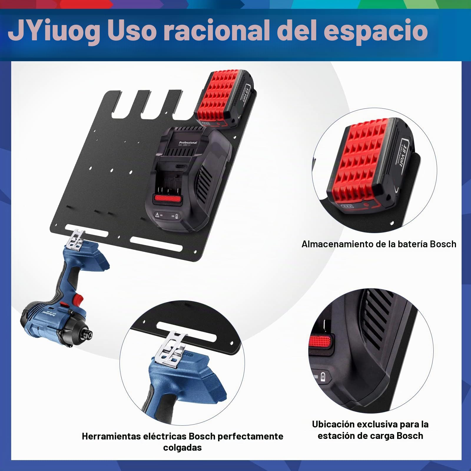 Soporte de pared para batería Bosch y cargadores de pared | Soporte estable para 4 baterías y cargador | para Bosch 3xGAL 1880 CV y 3xGAL 18V-20 |