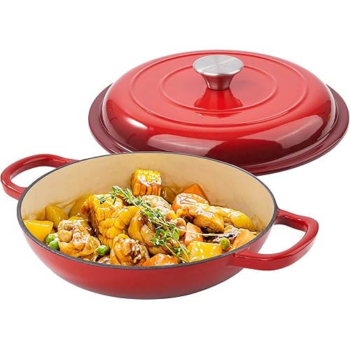 3 Quart Enameled Cast Iron Braiser, Non Stick Enameled Cast Iron Skillet with Lid, Dutch Oven Skillet with lid up to 500°F for Oven, Stove, Grill, Shallow Dutch Oven for Cook, Bake (Red)