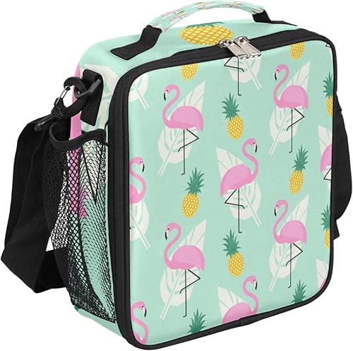 Lonchera Flamingo para niños, bolsa de almuerzo aislada con piña para niñas y niños, bolsa de preparación de comidas congelable con correa para el