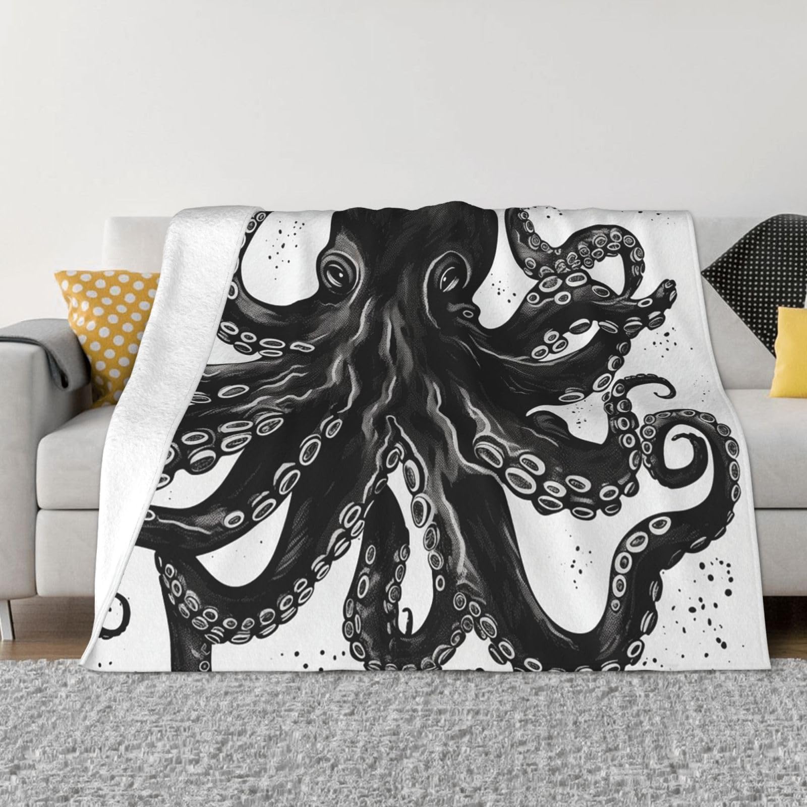 FodPand Classic Black Octopus Fleece Blanket 80"x60" Lightweight Warm Throw Blanket for Bed Couch Cozy Air Conditioning Quilt All Seasons Decorative Fuzzy Blankets Gifts for Women Men
