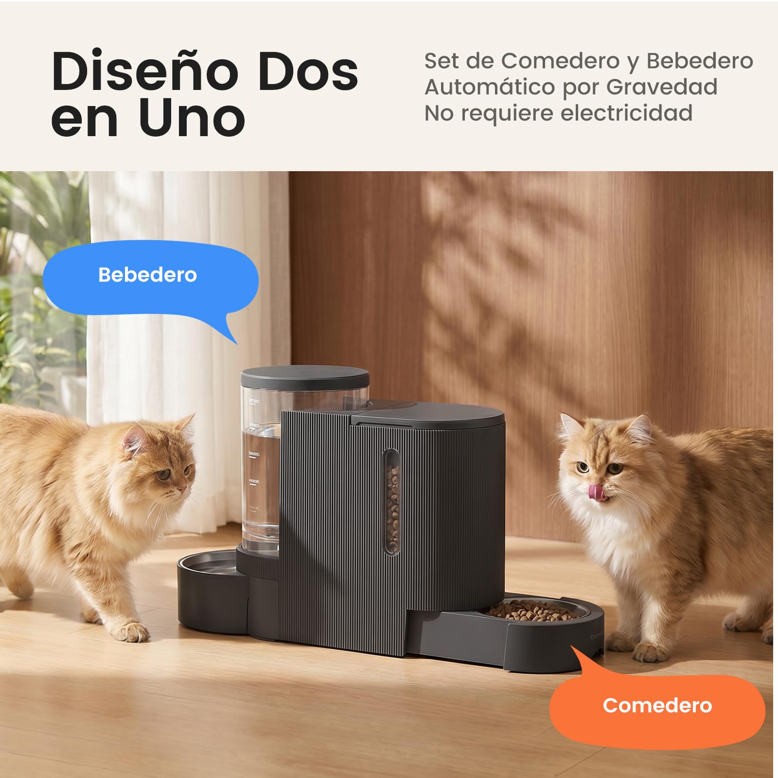 Gardner Pet 2 en 1 Comedero Gato Automatico 3L*2-Gris | Ángulo Ajustable y Cajón Extraíble,Dispensador Comida Gravedad,Dispensador Comida y Agua con Bol Acero Inoxidable
