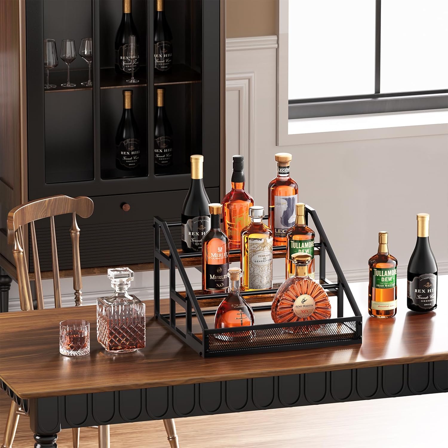 B4Life 3-Tier Liquor Bottle Display Shelf, Countertop Liquor Wine Rack, Bottle Storage Organizer for Whiskey and Spirits, Retro Bar Shelves and Shelf Stand, Mini Liquor Cabinet