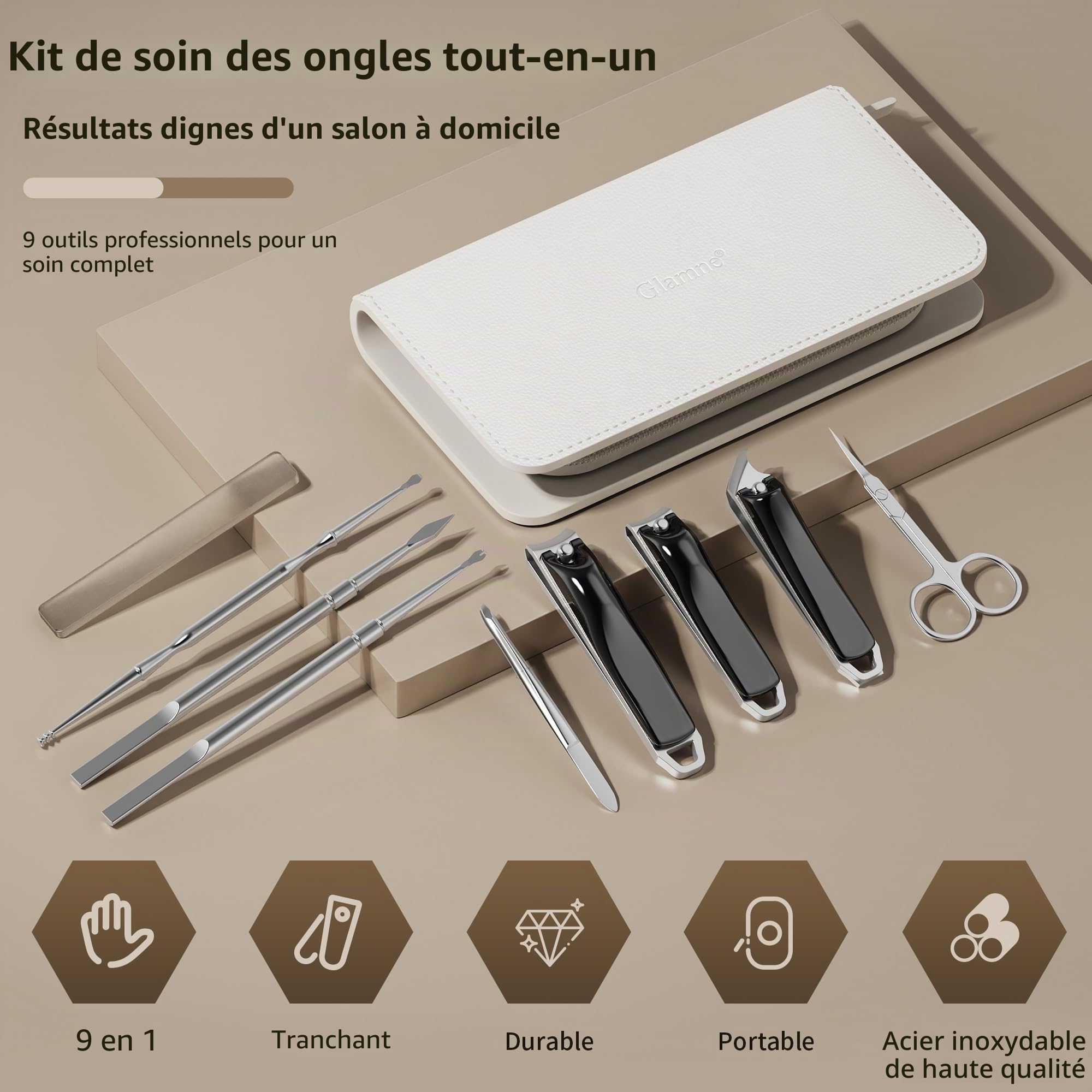 Ensemble coupe-ongles Pince à épiler Ciseaux Manucure Kit de toilettage 9 en 1 avec étui en cuir à fermeture éclair