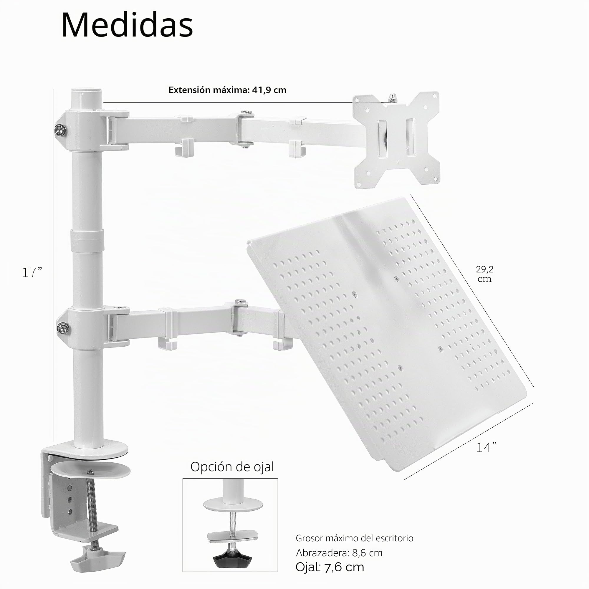 Vivo Soporte para Monitor de computadora y computadora portátil Totalmente Ajustable de 13 a 32 Pulgadas, Soporte con opción de Ojal, se Adapta a portátiles de hasta 17 Pulgadas, Blanco STAND-V002CW