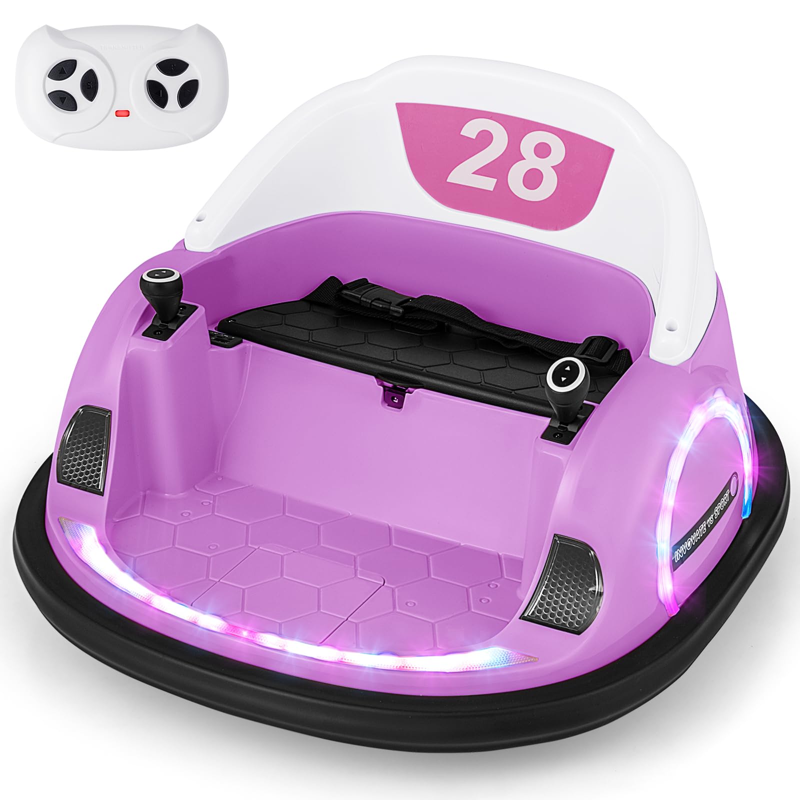 COSTWAY 12V Kids Bumper Car, 360° Waltzer Cars with Joysticks, Remote Control, Wireless Connection, Flashing Lights, Music, Electric Ride on Toy for Toddlers 18+ Months Old (Light Purple)