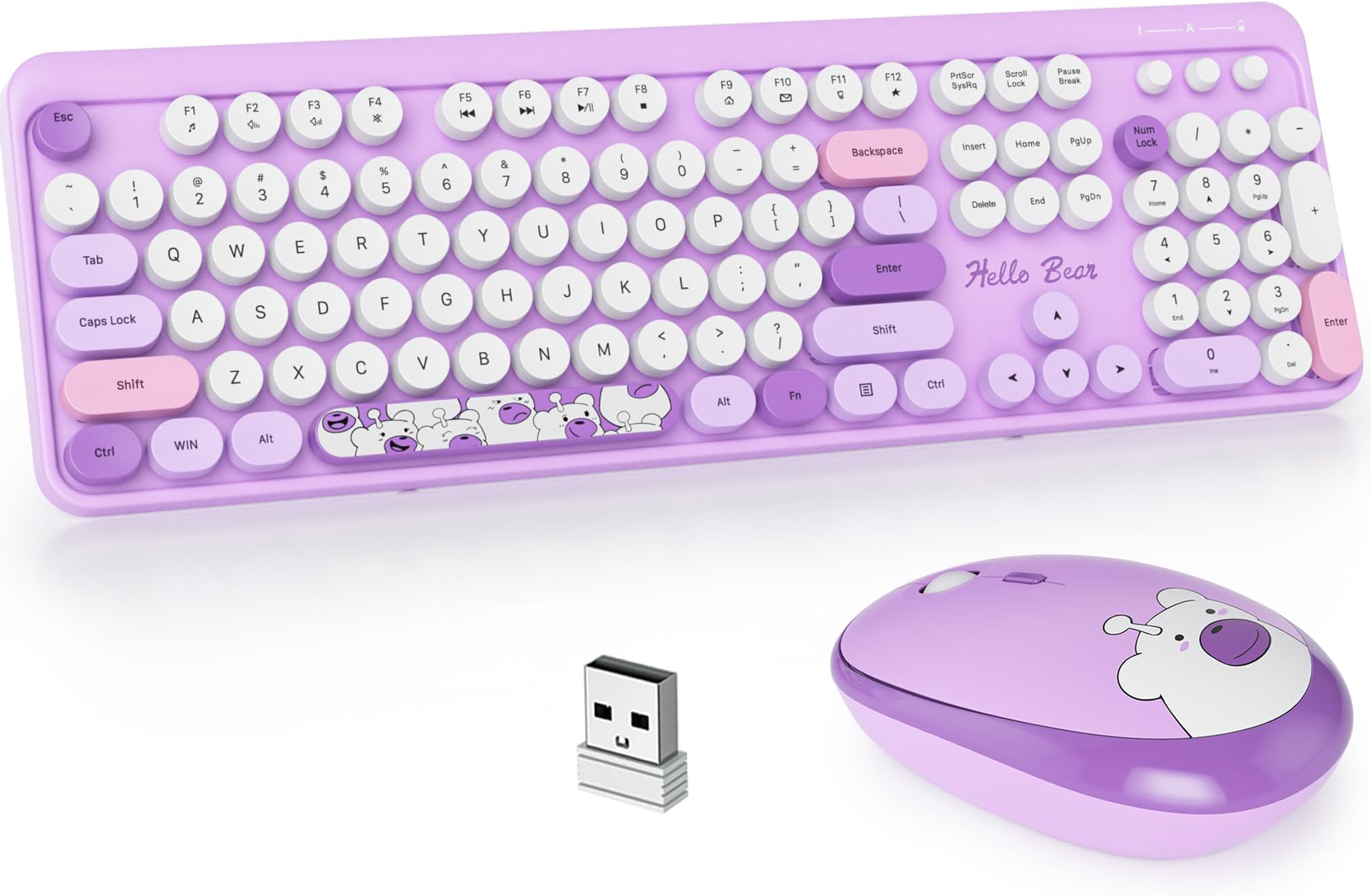 Guffercty kred GTSP Typewriter Keyboard Wireless Mouse Combo, Cute Keyboard 2.4G Office Full-Sized Retro Keyboard with Round Keycaps for Laptop PC Desktops（Purple）