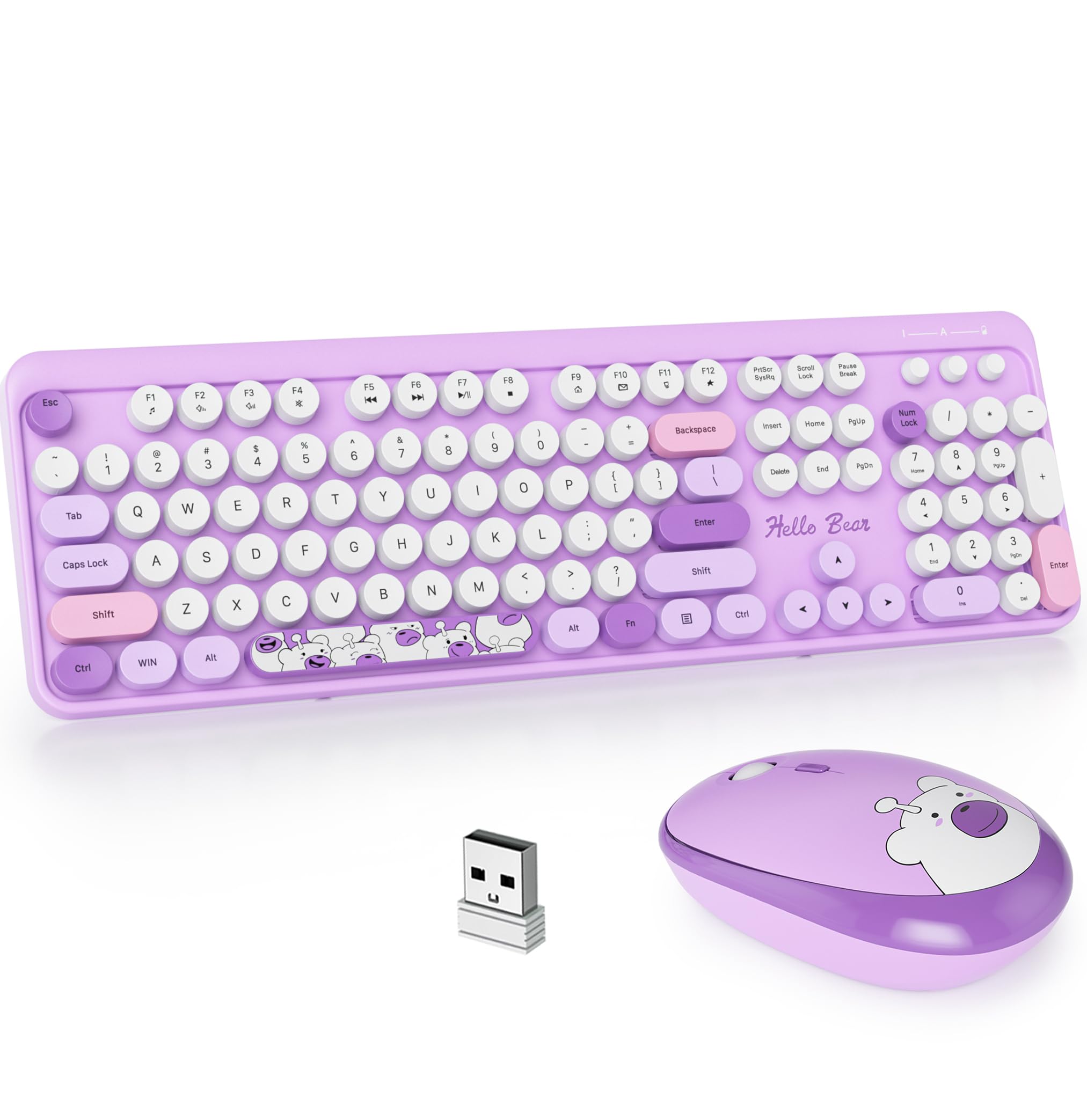 Guffercty kred GTSP Typewriter Keyboard Wireless Mouse Combo, Cute Keyboard 2.4G Office Full-Sized Retro Keyboard with Round Keycaps for Laptop PC Desktops（Purple）