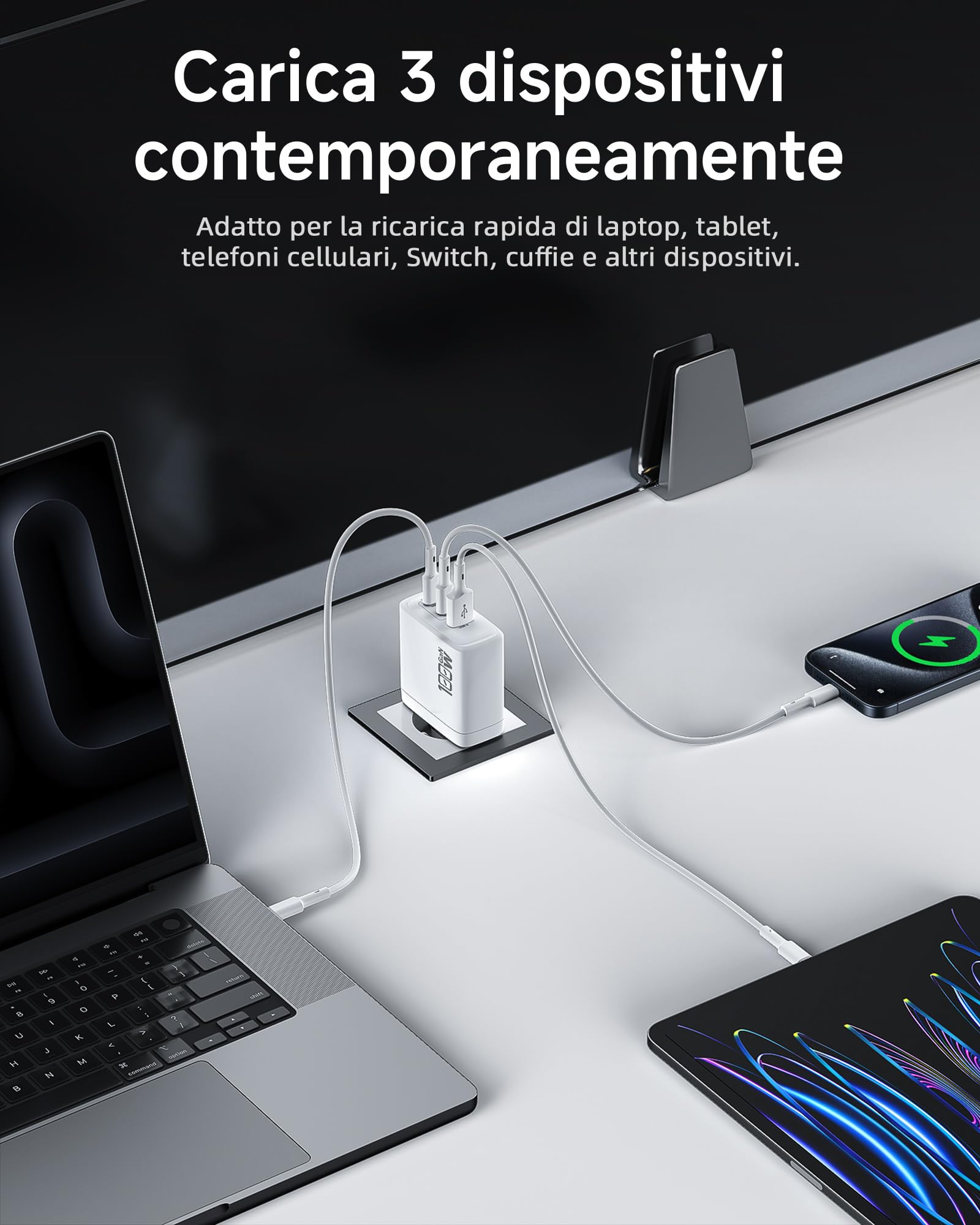 OUFUYU 100W Caricatore USB C GaN 3 Porte, Caricabatterie USB Muro, Alimentatore Compatibile con MacBook Pro/Air, iPad Pro/Air/Mini, iPhone 16/15/14, Galaxy S24/ S23/ 22, Tablet, Cavo da 1,8 m Incluso
