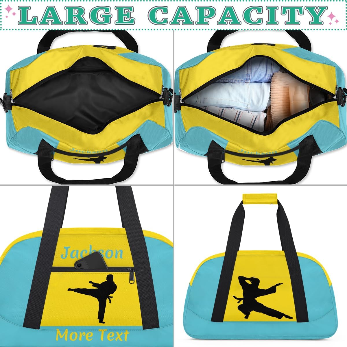 Personalized Kids Gym Bag for Boys Custom Name Sports Duffel Bag Weekender Overnight Travel Bags Blue Martial Arts Male Gifts