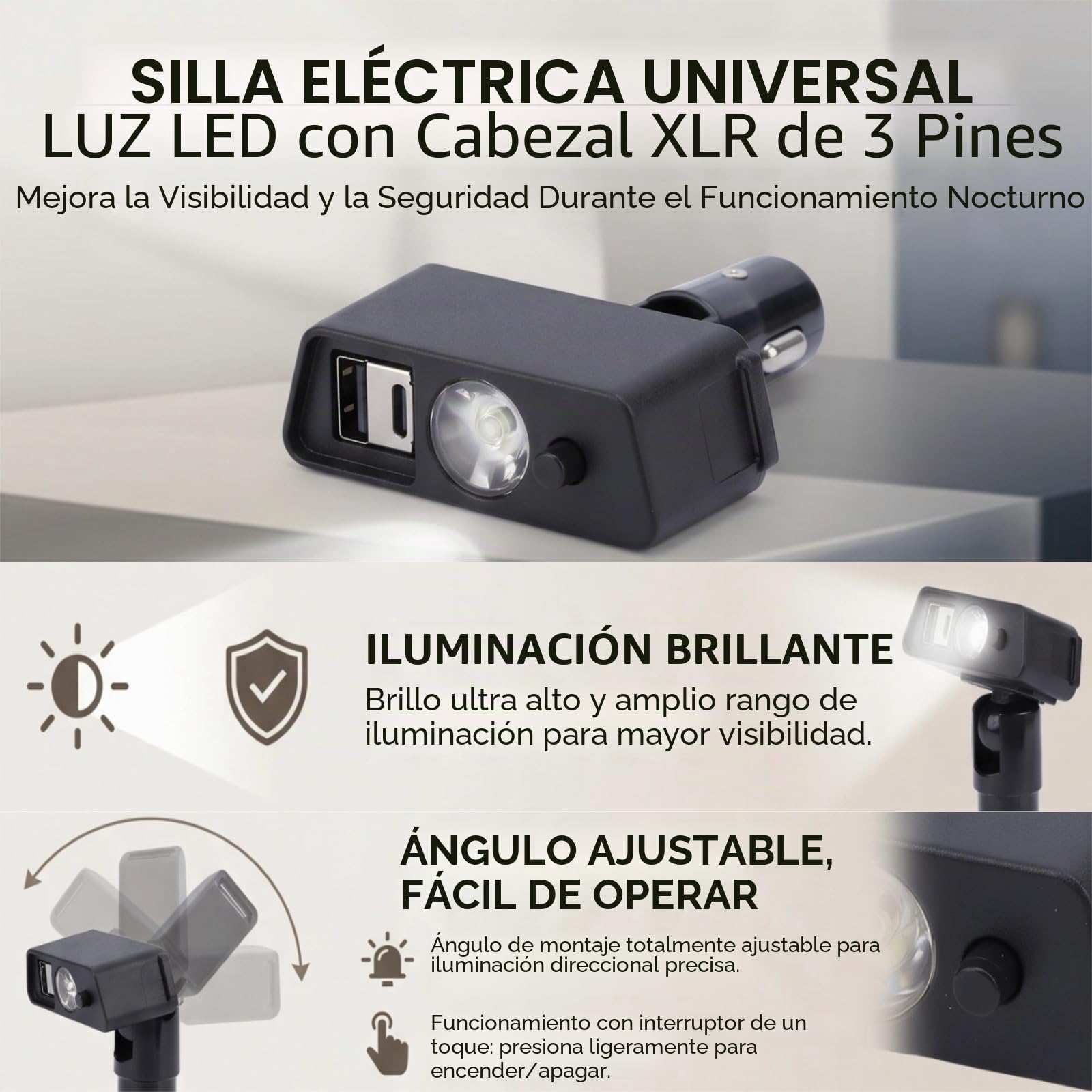 Luz LED para Silla Eléctrica, Iluminación Amplia Superbrillante, ángulo Ajustable con Puerto de Carga USB con Cabezal XLR de 3 Pines, para Sillas Eléctricas JIUYUAN LONGWAY