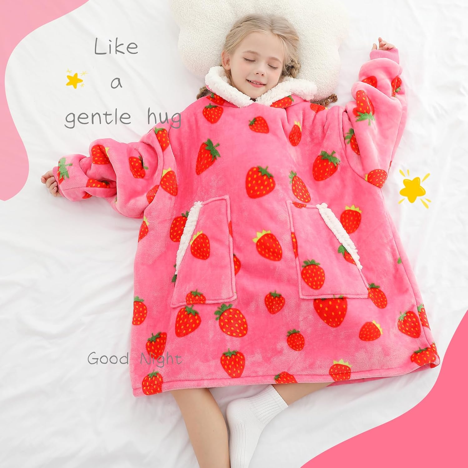 Kipswiza Strawberry Blanket Hoodie for Kids, Oversized Soft Sherpa Fleece Wearable Blankets Sweatshirt Gifts for Girls Mom's Daughter - Image 6