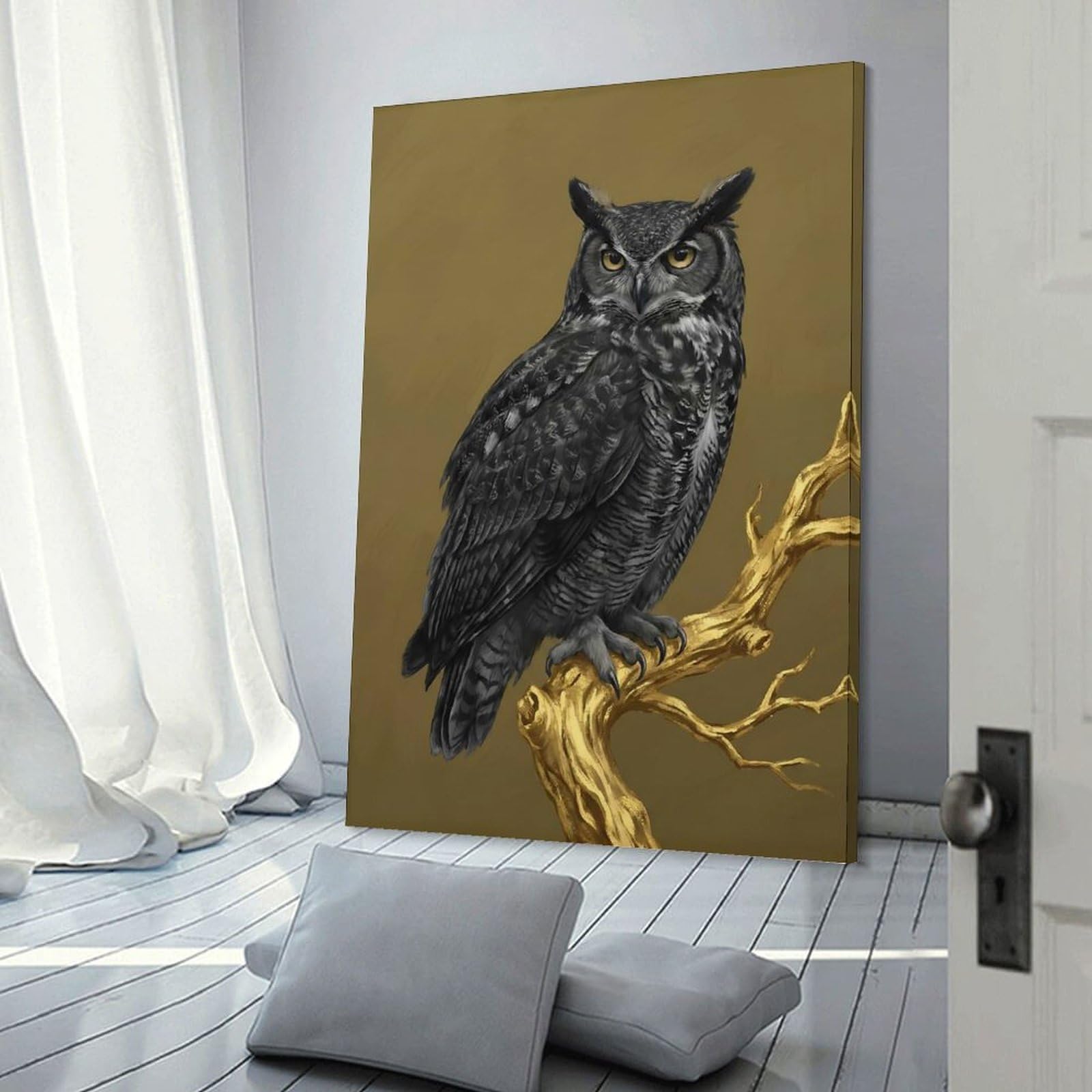 Junmoney Great Horned Owl on Golden Branch Canvas Wall Decor, 12x18inch(30x45cm), for Art Walls, Layered Displays Or Homes, Home Wall Art for Statement Displays