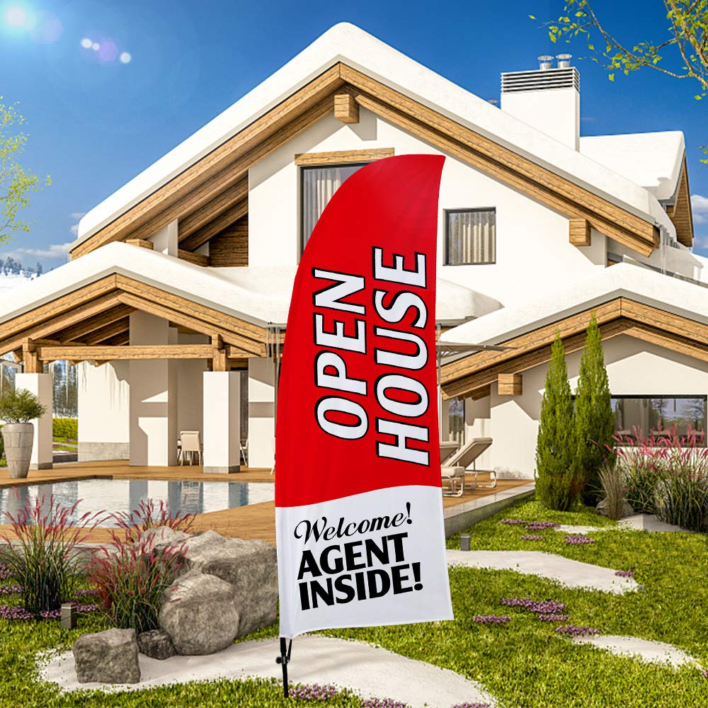 QSUMOpen House Swooper Flag and Pole Kit,Real Estate Signs Advertising Feather Flag for House Agent Sale (Red)