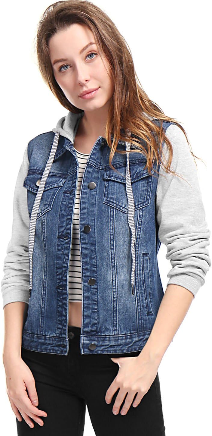 Allegra K Women's Jean Jackets Layered Drawstring Hood Denim Jacket with Pockets - Image 4