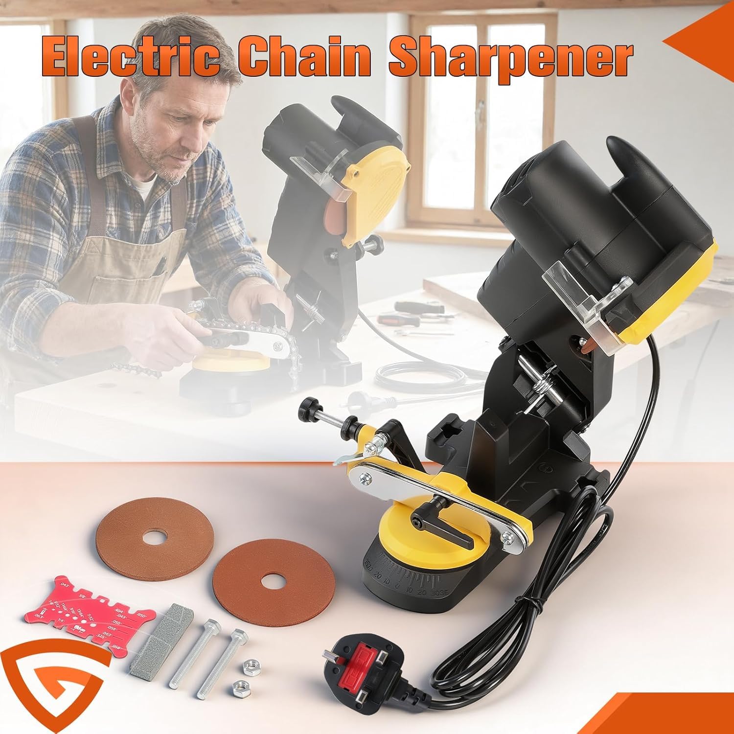 TYH Afilador Profesional De Motosierras Eléctricas, con 3 Muelas Abrasivas, Led Compacto De 85 W, Afilador De Cadena para Motosierras Eléctricas, Ajuste De Ángulo De Precisión