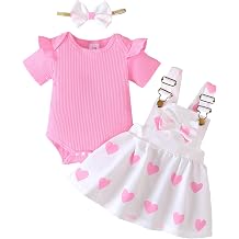 Newborn Baby Girl Clothes Short Sleeve Ribbed Tops Heart Daisy Bow Suspender Skirt with Headband Sets